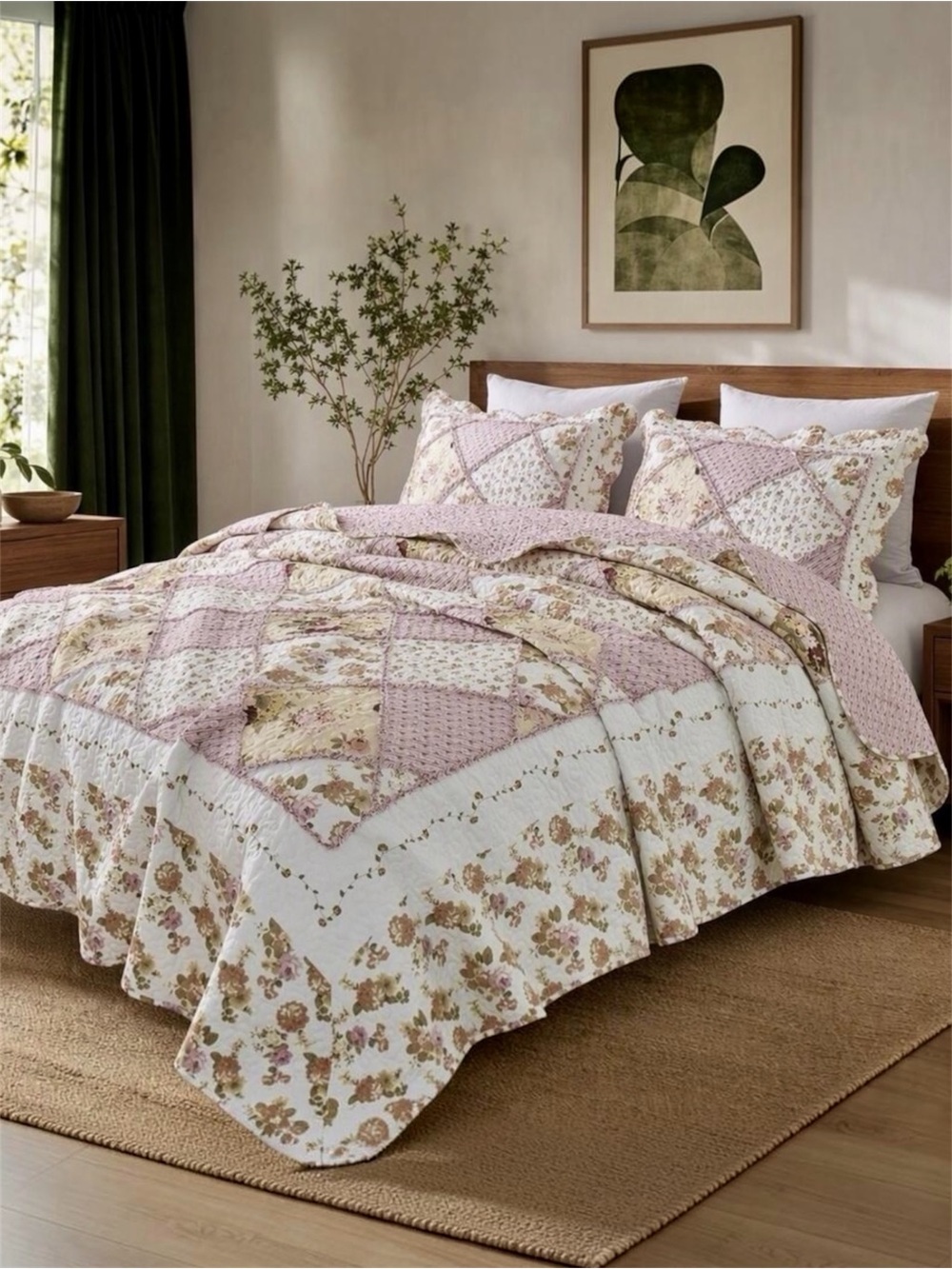NEW Anthropologie Pink Vintage Floral Patchwork Quilt Coverlet Bedding Sham Set